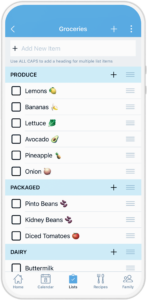 Image of grocery list with headings grouped by item type